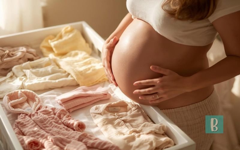 Gestante acariciando a barriga ao lado de gaveta com roupas de bebê organizadas.