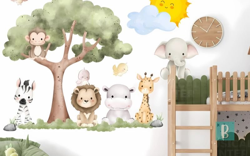 Quarto de bebê decorado com mural floresta encantada em verde profundo