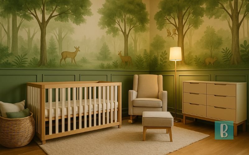 Quarto de bebê minimalista com mural floresta encantada em verde claro