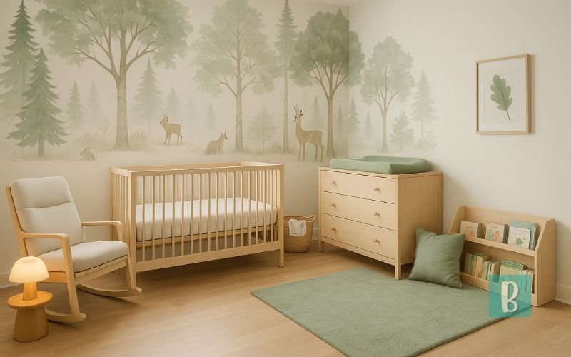 Quarto de bebê floresta encantada com mural natural