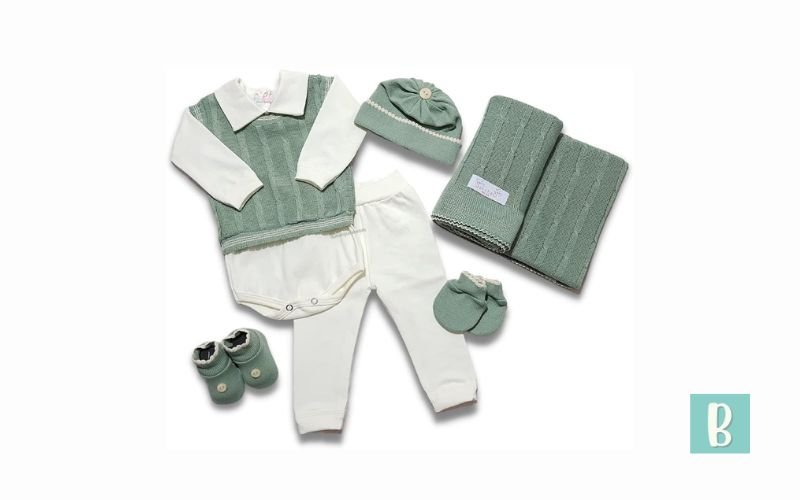 Saída Maternidade Completa Recém Nascido Menino Menina 7 Peças Sanches Baby Verde Militar com Natural